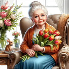 Load image into Gallery viewer, Old Lady Holding Tulips-Full Round Diamond Painting-30x30cm