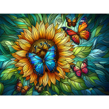 Load image into Gallery viewer, Stained Glass Sunflower Butterfly-Full Round Diamond Painting-40x30cm