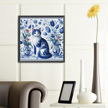 Load image into Gallery viewer, Blue And White Porcelain Cat-Full Round Diamond Painting-40x40cm