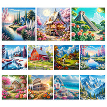 Load image into Gallery viewer, Snowmelt Mountain White Horse House Flower Bush-Full Round Diamond Painting-30x30cm