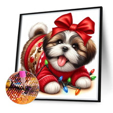 Load image into Gallery viewer, Puppy With Bow And Colorful Lights-Full Round Diamond Painting-30x30cm-1539009