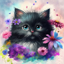 Load image into Gallery viewer, Flowers And Black Cat-Full Round Diamond Painting-30x30cm