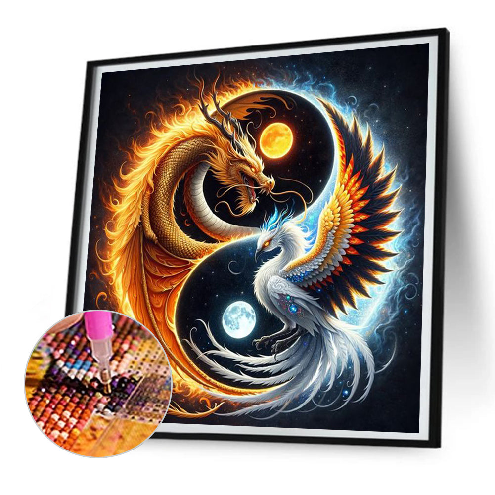 Fire Dragon Ice Phoenix Yin And Yang Diagram-Full Round Diamond Painti ...