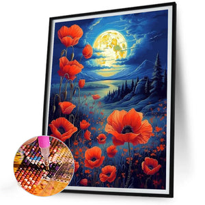Poppies Under The Moonlight-Full Round Diamond Painting-30x40cm