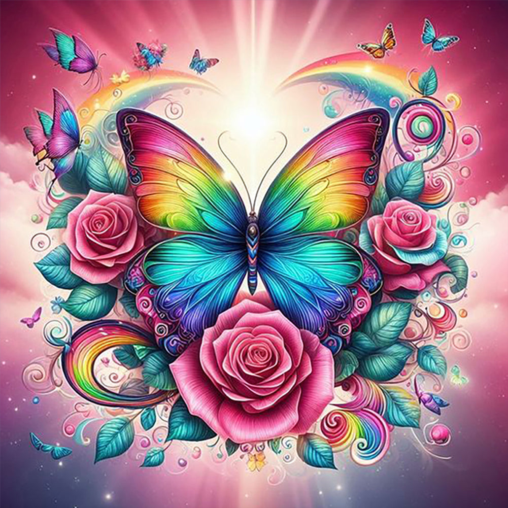 Rainbow Roses And Butterflies-Full Round Diamond Painting-30x30cm