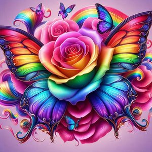 Rainbow Roses And Butterflies-Full Round Diamond Painting-30x30cm