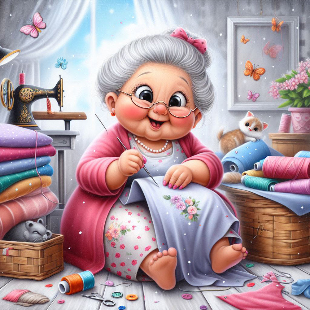 Old Lady Holding Tulips-Full Round Diamond Painting-30x30cm