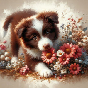 Flowers Black And White Puppy-Full Round Diamond Painting-30x30cm