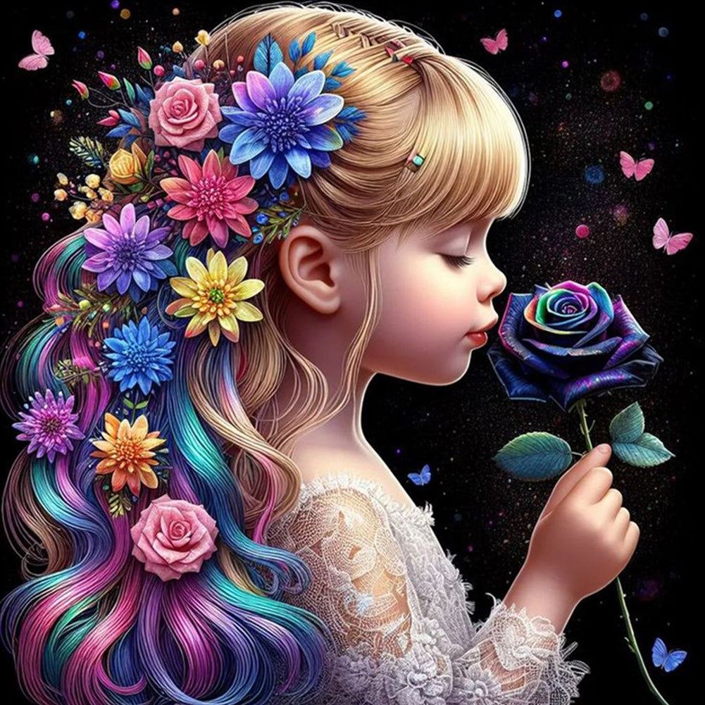 Rose Hair Girl-Full Round Diamond Painting-30x30cm