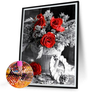 Black And White Red Rose-Full Round Diamond Painting-30x40cm