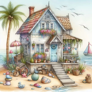 Beach House-Full Round Diamond Painting-30x30cm