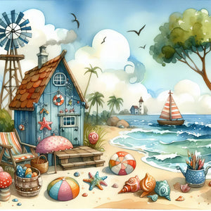 Beach House-Full Round Diamond Painting-30x30cm