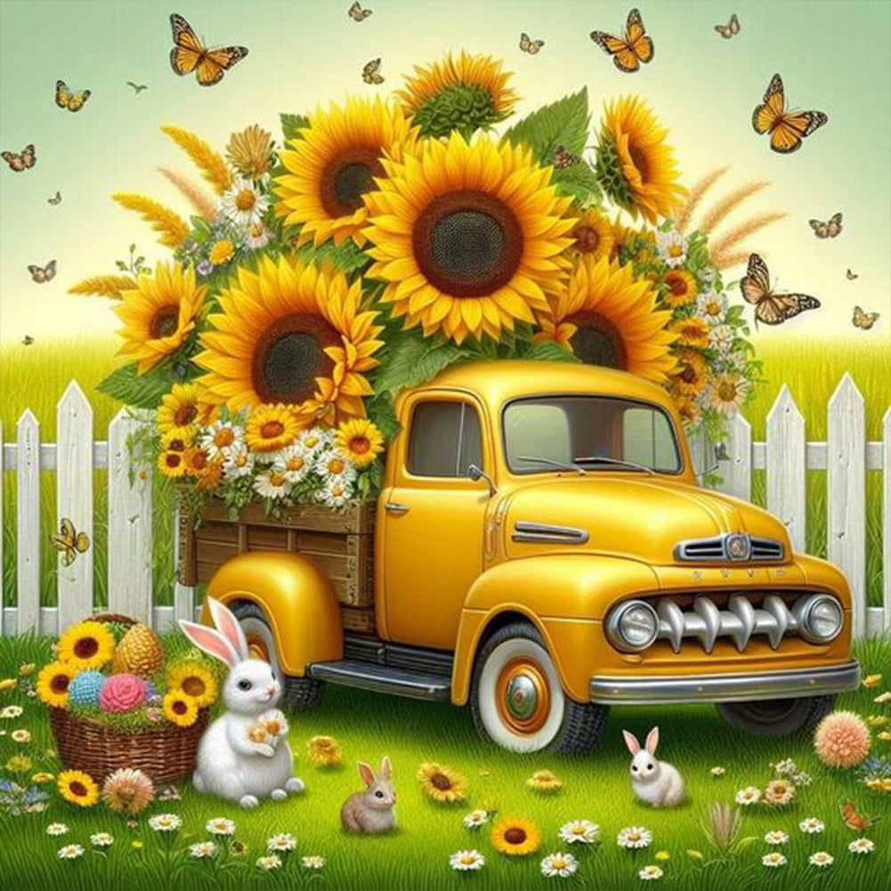Sunflower Garden Car-Full Round Diamond Painting-30x30cm
