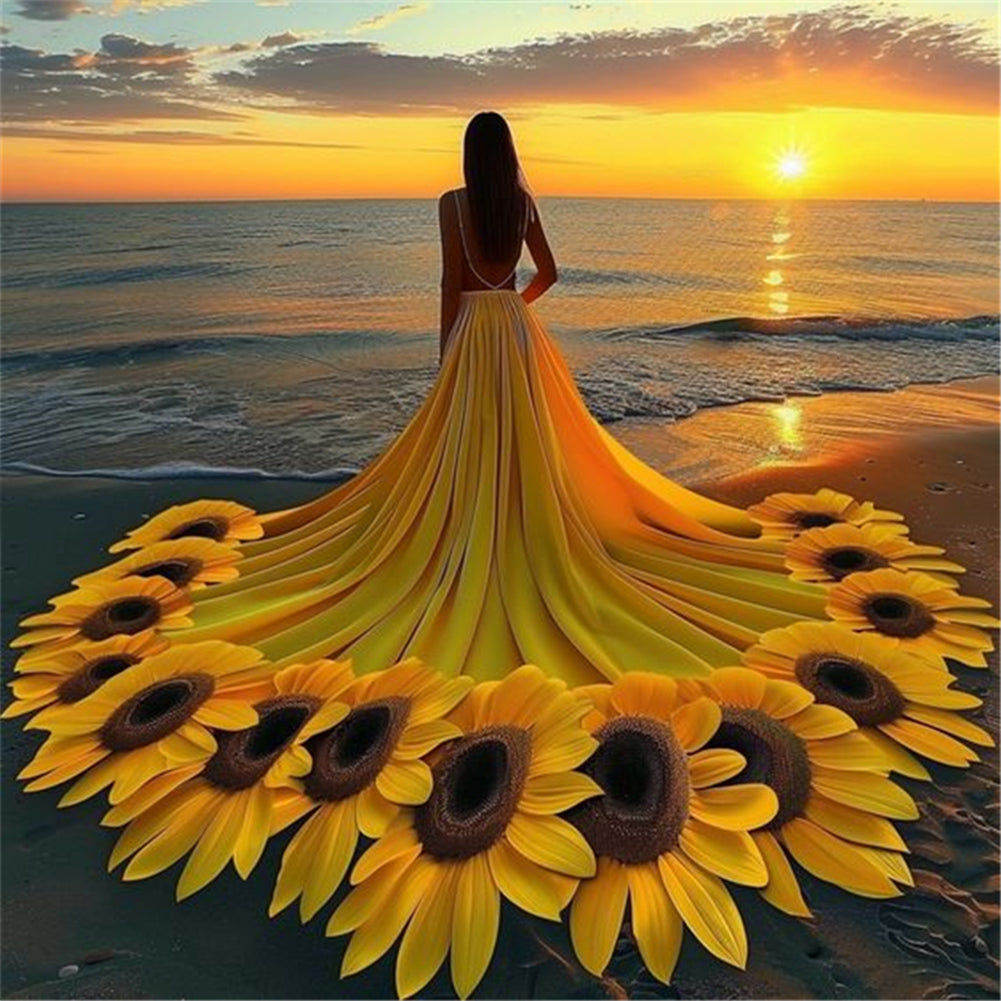 Sunflower Skirt Girl-Full Round Diamond Painting-40x40cm