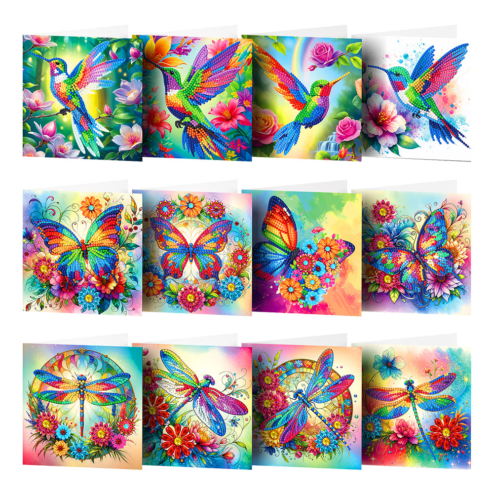 12Pcs/Set Hummingbird Butterfly Dragonfly-Diamond Greeting Cards