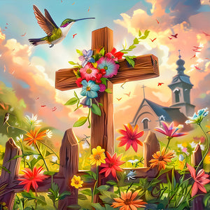 Flower Cross Hummingbird Church-Full Round Diamond Painting-30x30cm