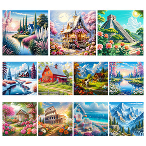 Snowmelt Mountain White Horse House Flower Bush-Full Round Diamond Painting-30x30cm