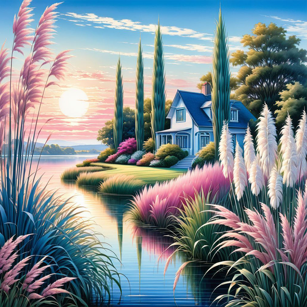 Snowmelt Mountain White Horse House Flower Bush-Full Round Diamond Painting-30x30cm