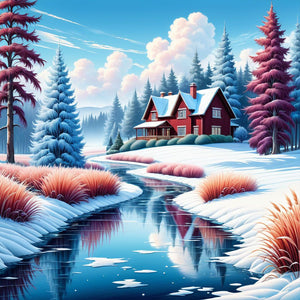 Snowmelt Mountain White Horse House Flower Bush-Full Round Diamond Painting-30x30cm