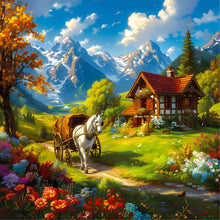Load image into Gallery viewer, Snowmelt Mountain White Horse House Flower Bush-Full Round Diamond Painting-30x30cm
