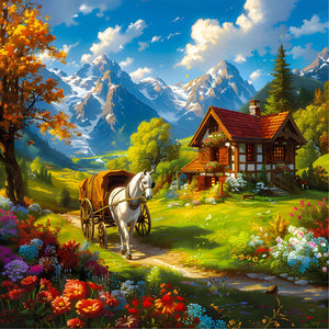 Snowmelt Mountain White Horse House Flower Bush-Full Round Diamond Painting-30x30cm