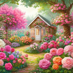 Snowmelt Mountain White Horse House Flower Bush-Full Round Diamond Painting-30x30cm