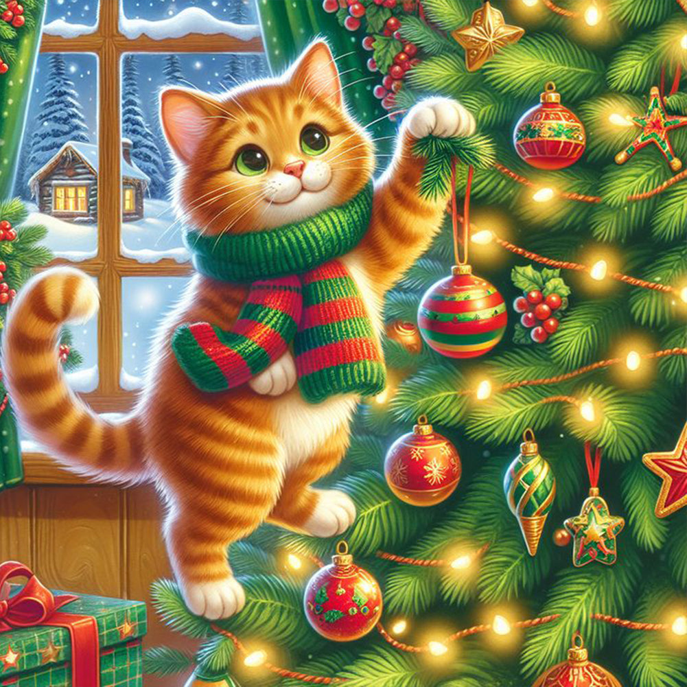 Christmas Cat-Full Round Diamond Painting-30x30cm