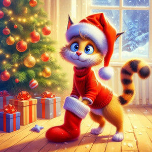 Christmas Cat-Full Round Diamond Painting-30x30cm