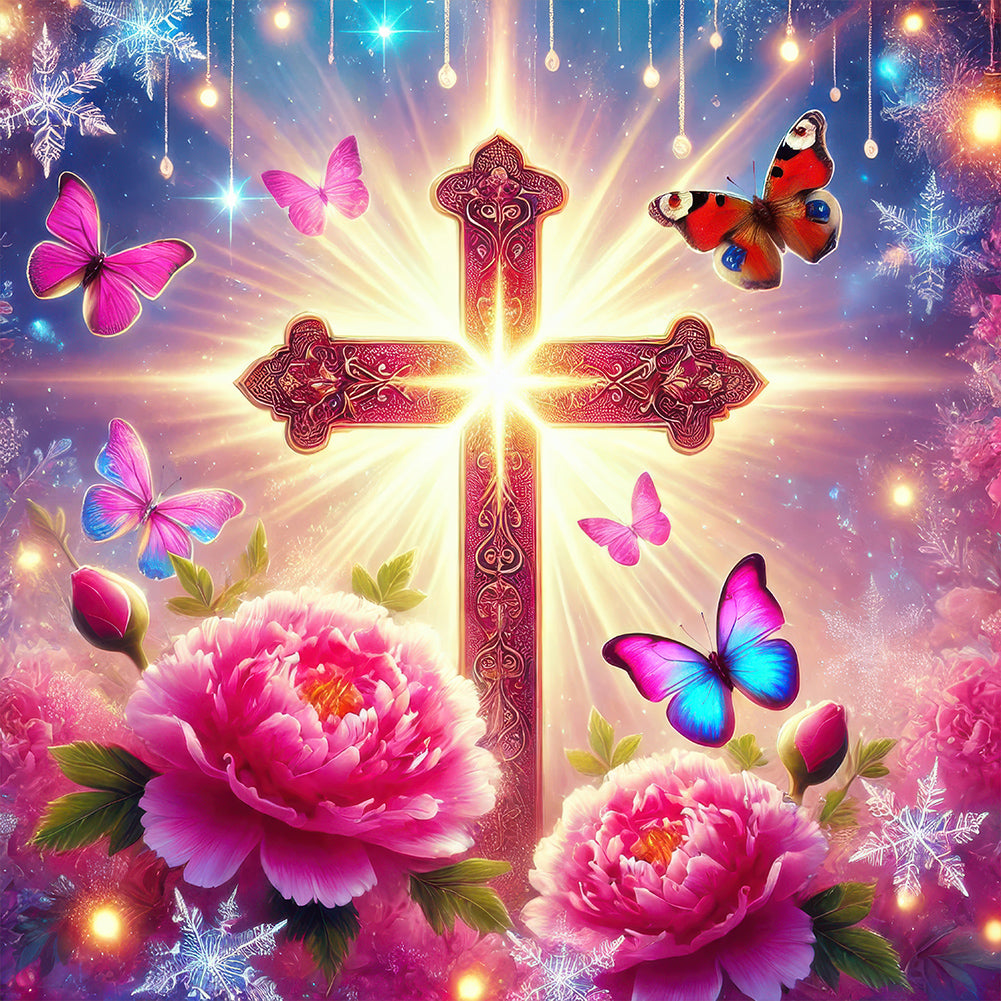 Cross And Tulips-Full Round Diamond Painting-40x40cm
