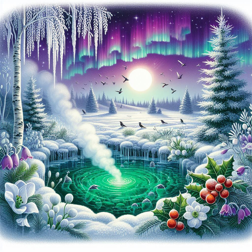 Winter Aurora Snow Scene-Full Round Diamond Painting-40x40cm