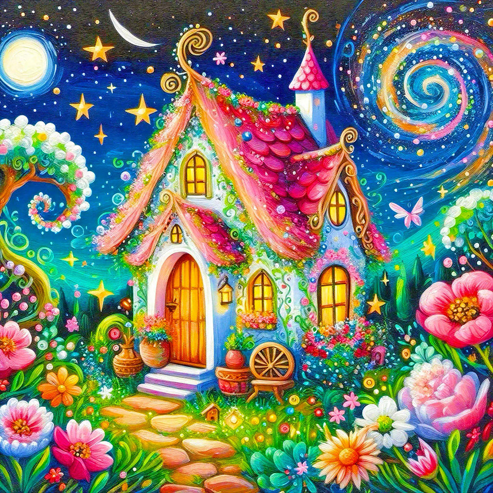 House And Flowers Under The Starry Sky-Full Round Diamond Painting-55x55cm