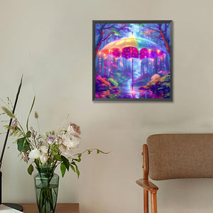 Colorful Umbrella In The Forest-Full Round Diamond Painting-30x30cm-1537067