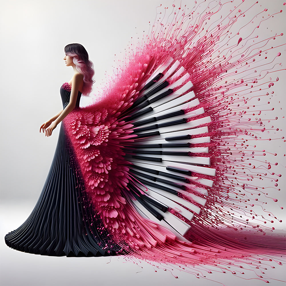 Piano Skirt Girl-Full Round Diamond Painting-40x40cm