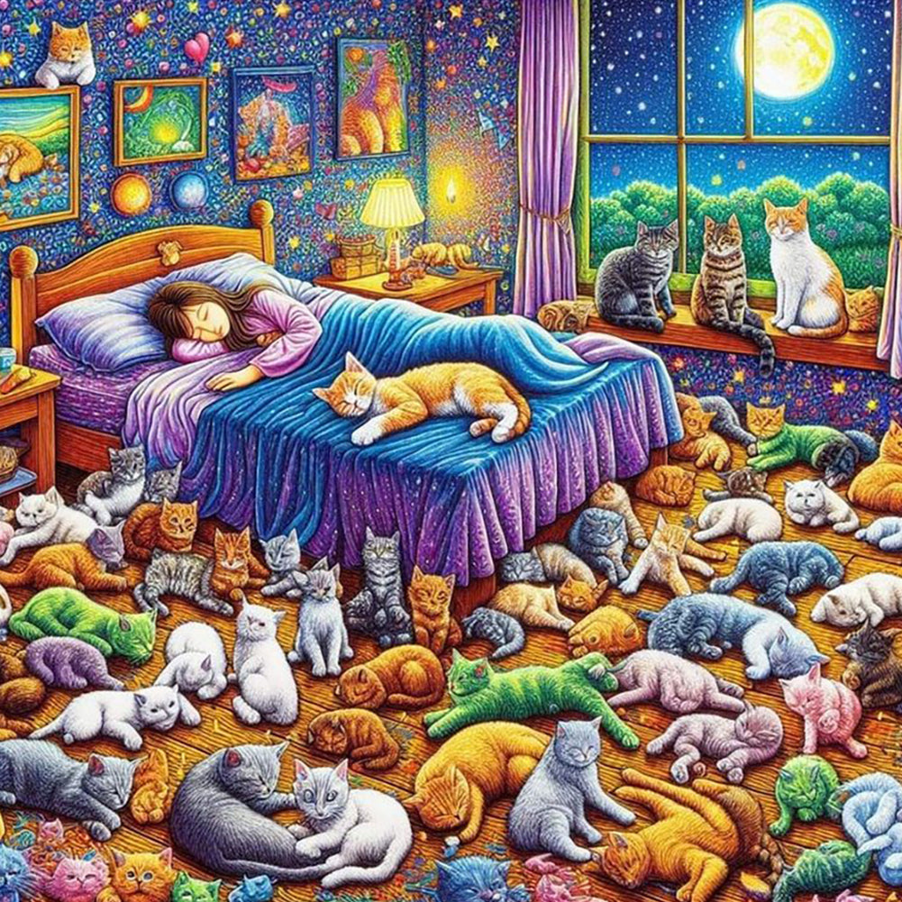 Girl And Cats-Full Round Diamond Painting-40x40cm