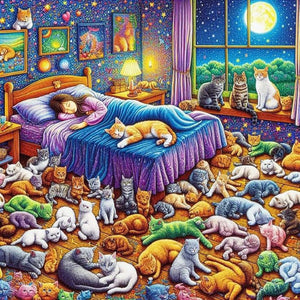 Girl And Cats-Full Round Diamond Painting-40x40cm