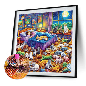 Girl And Cats-Full Round Diamond Painting-40x40cm