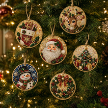 Load image into Gallery viewer, 6 Pcs Christmas Wooden Ornaments DIY Pearls Diamond Painting Kit Rhinestone Art Pendants with Hemp Rope
