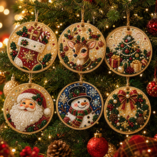 Load image into Gallery viewer, 6 Pcs Christmas Wooden Ornaments DIY Pearls Diamond Painting Kit Rhinestone Art Pendants with Hemp Rope
