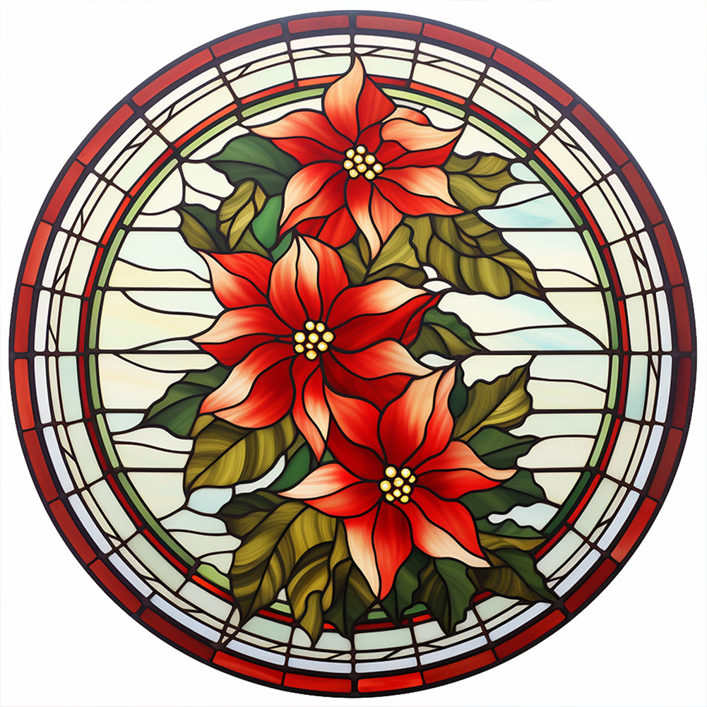 Christmas Red Flowers-Full Round Diamond Painting-30x30cm