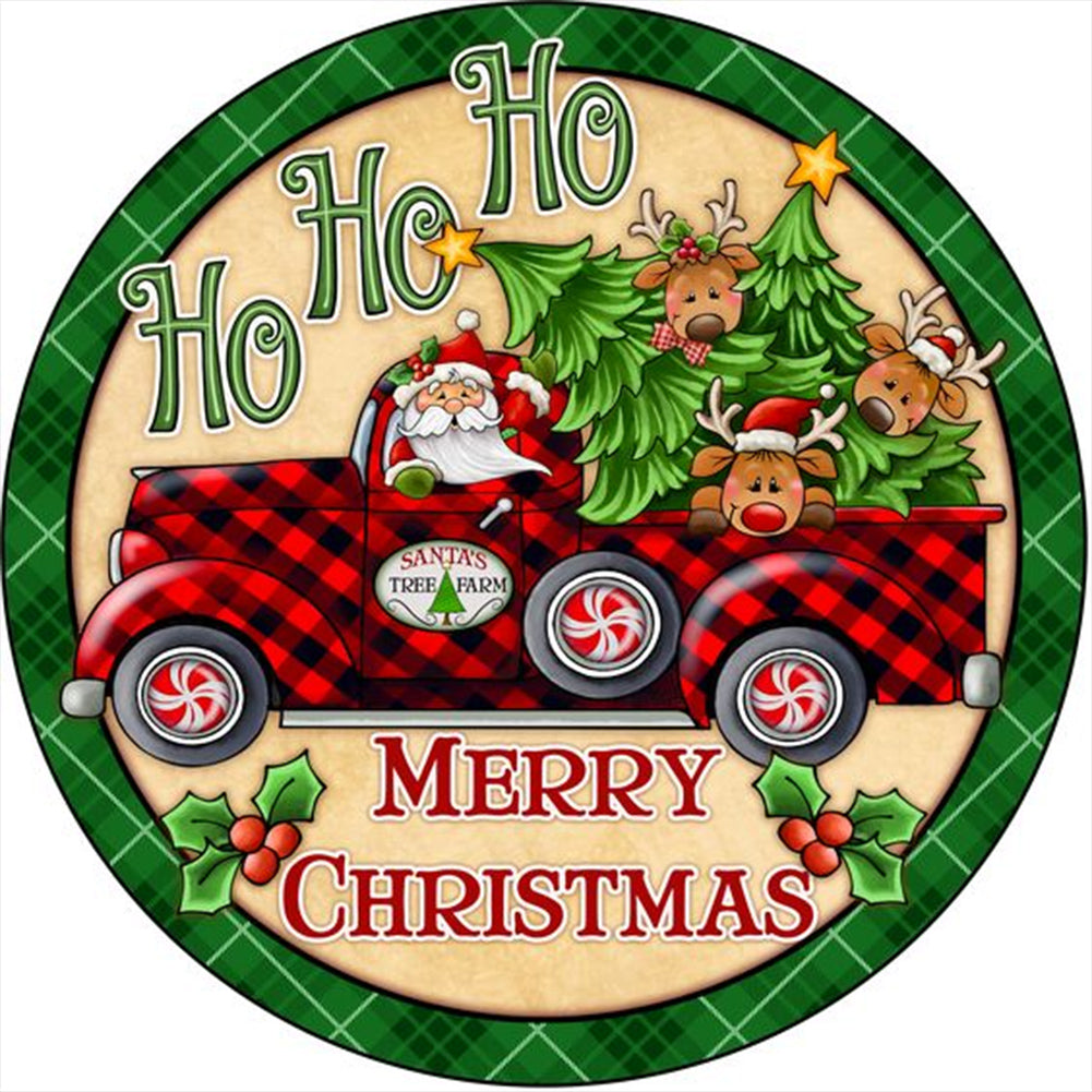 Round Plate Christmas Car-Full Round Diamond Painting-30x30cm