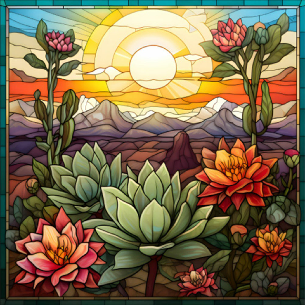 Stained Glass Cactus-Full Round Diamond Painting-30x30cm