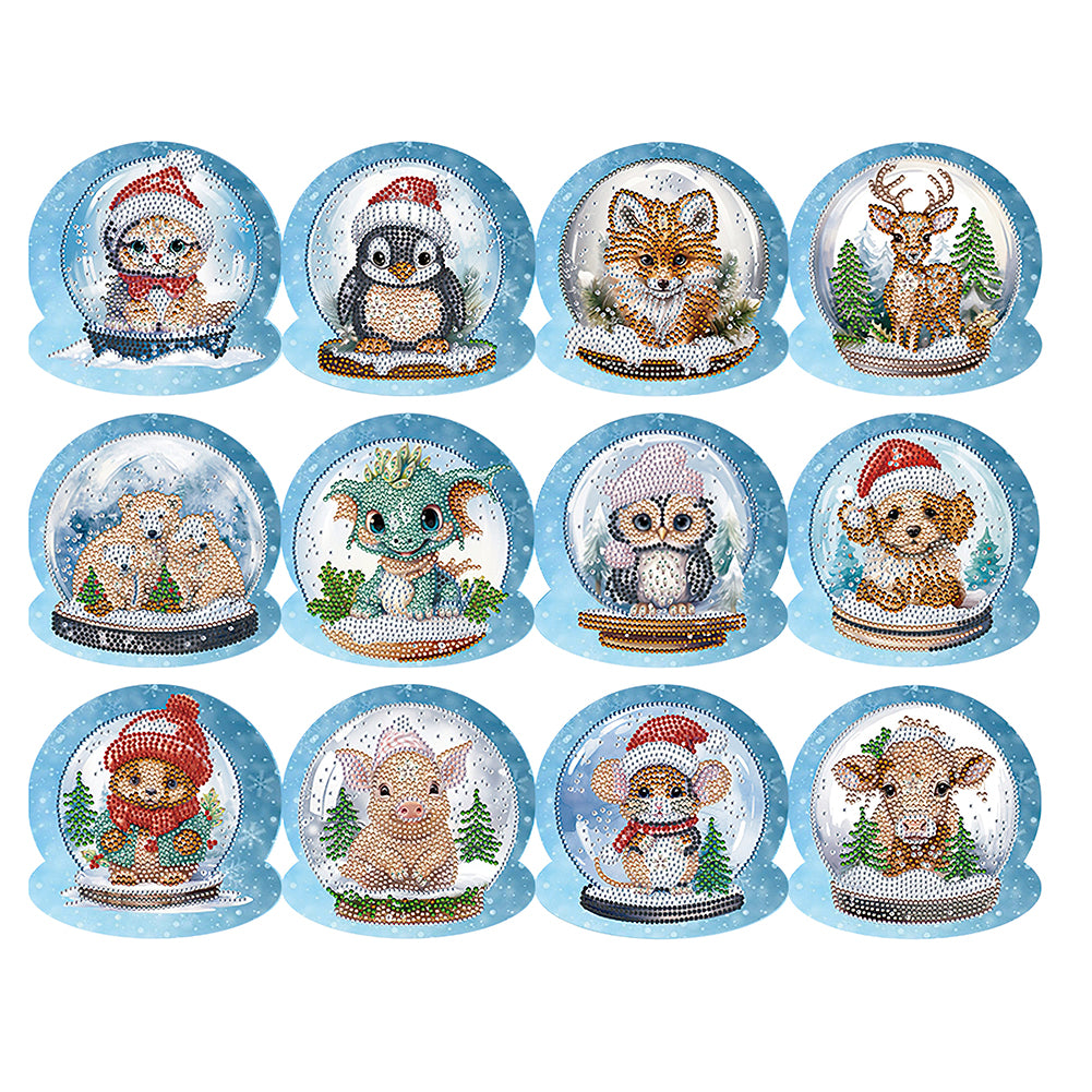 12Pcs/Set Christmas Animals-Diamond Greeting Cards