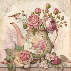 Pink Flower Teapot-Full Round Diamond Painting-40x40cm