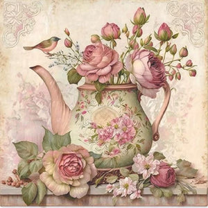 Pink Flower Teapot-Full Round Diamond Painting-40x40cm