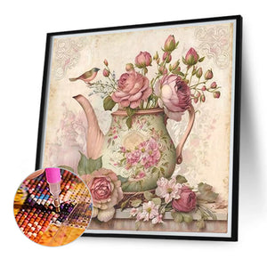 Pink Flower Teapot-Full Round Diamond Painting-40x40cm