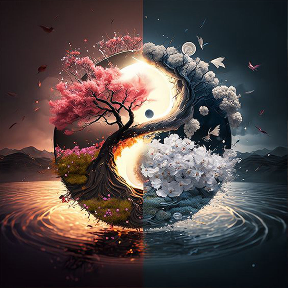 Yin And Yang Diagram Of Sacred Tree-Full Round Diamond Painting-30x30cm