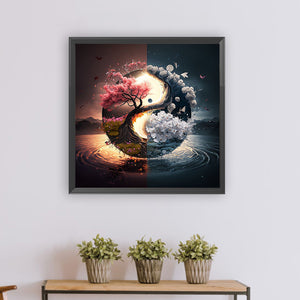 Yin And Yang Diagram Of Sacred Tree-Full Round Diamond Painting-30x30cm
