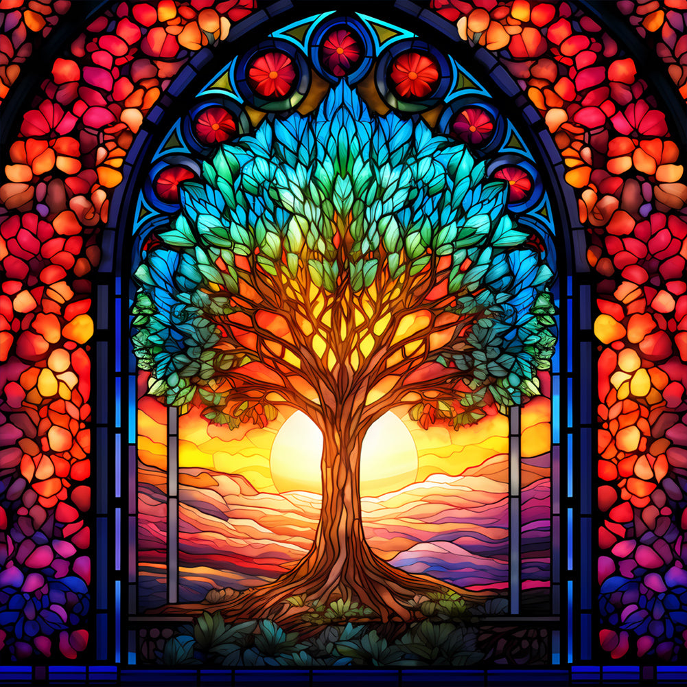 Tree Of Life Glass Painting-Full Round Diamond Painting-30x30cm