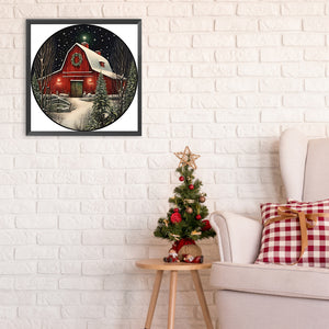 Christmas Snow Red House-Full Round Diamond Painting-30x30cm