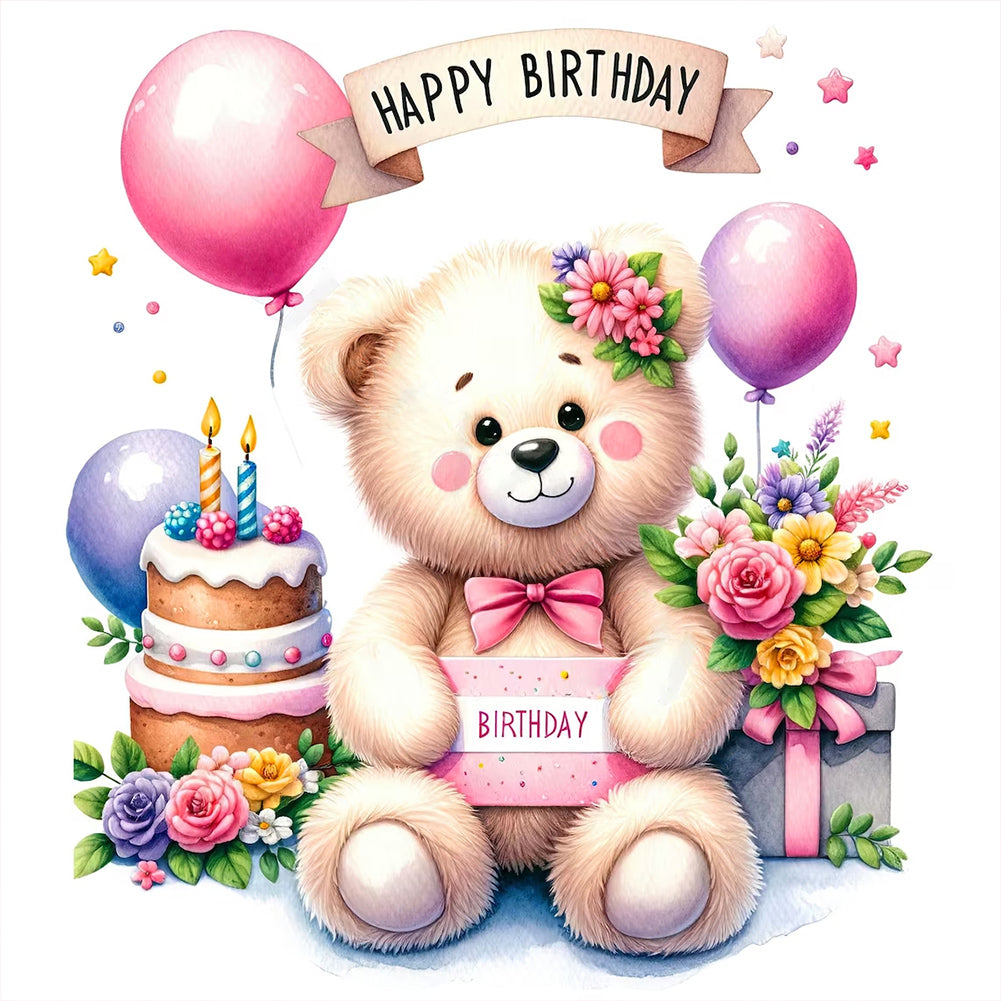 Birthday Bear-Full Round Diamond Painting-30x30cm